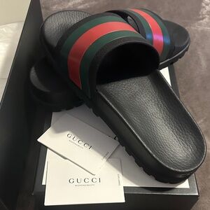 Gucci Black Slides with Red & Green Stripe Band